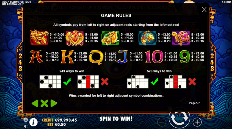 Full paytable for 5 Lions slot machine