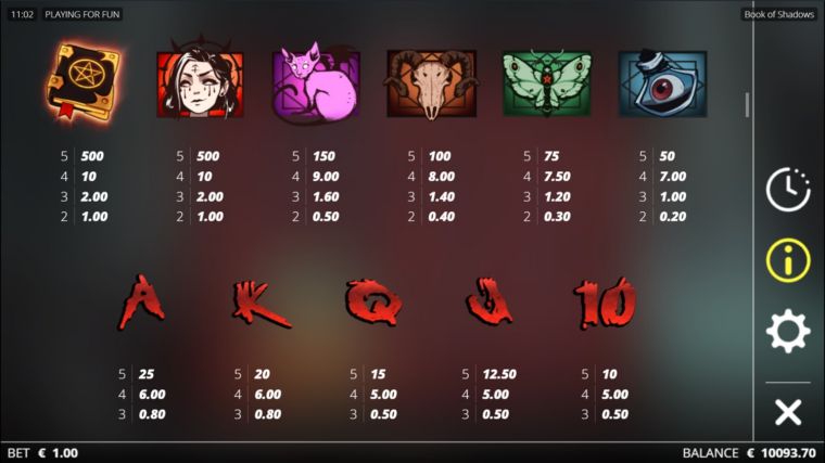 Full paytable for the Book of Shadows slot machine