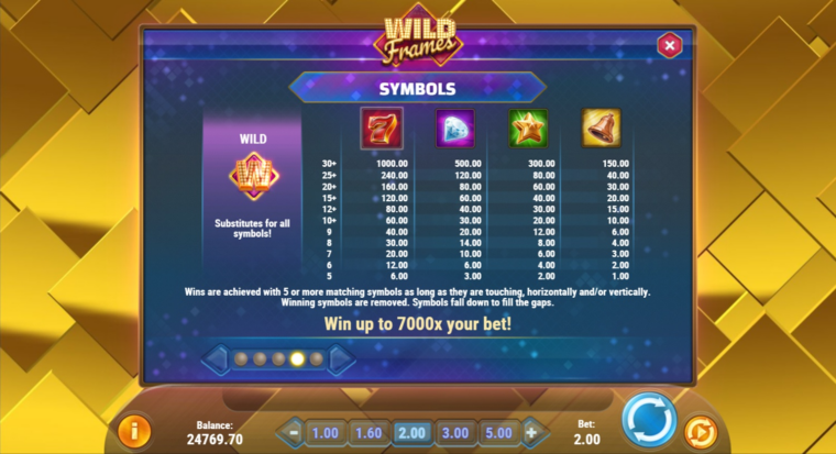High symbols paytable for Wild Frames slot machine